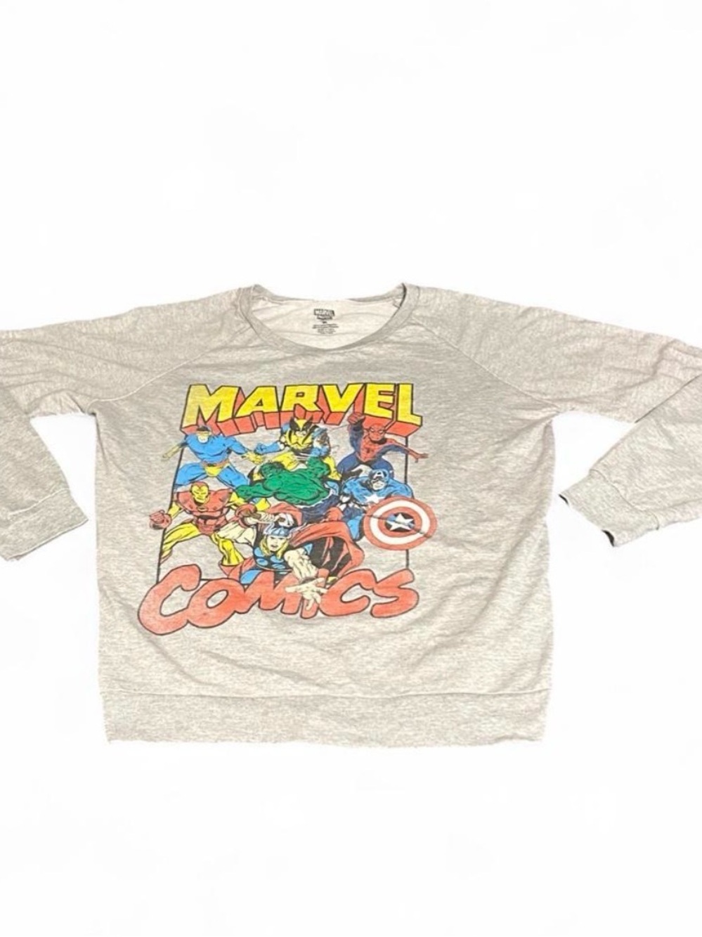 Marvel Gray Graphic Crewneck with Multicolor Hero Print